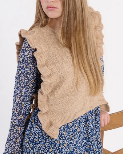 Beige Knitted Sleeveless Ruffle Sweater