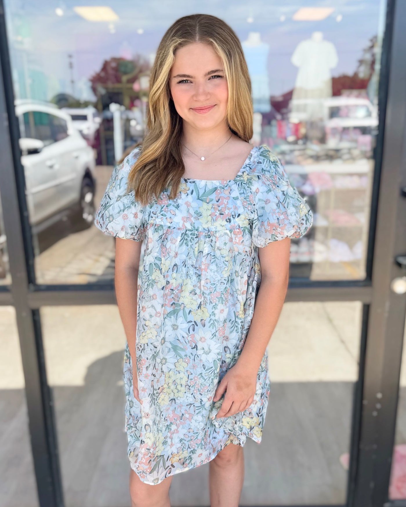 Sage Floral Organza Puff Sleeve Dress