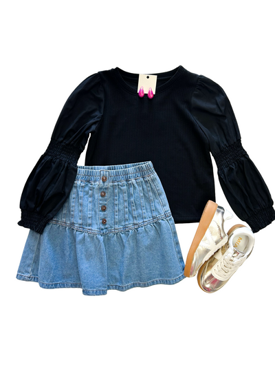 Black Cinched Puff Long Sleeve Top