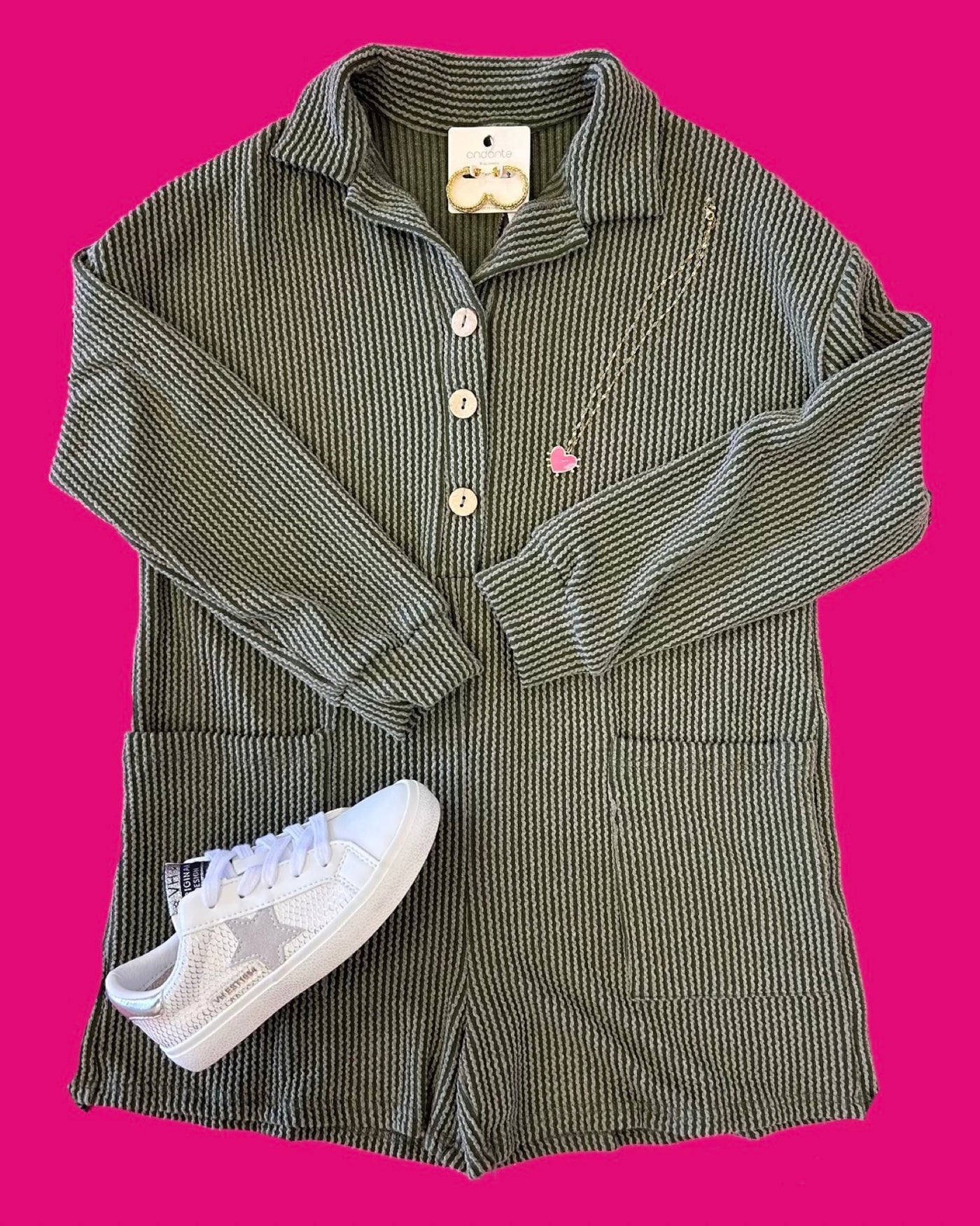 Olive Ribbed Collard Button Up Romper