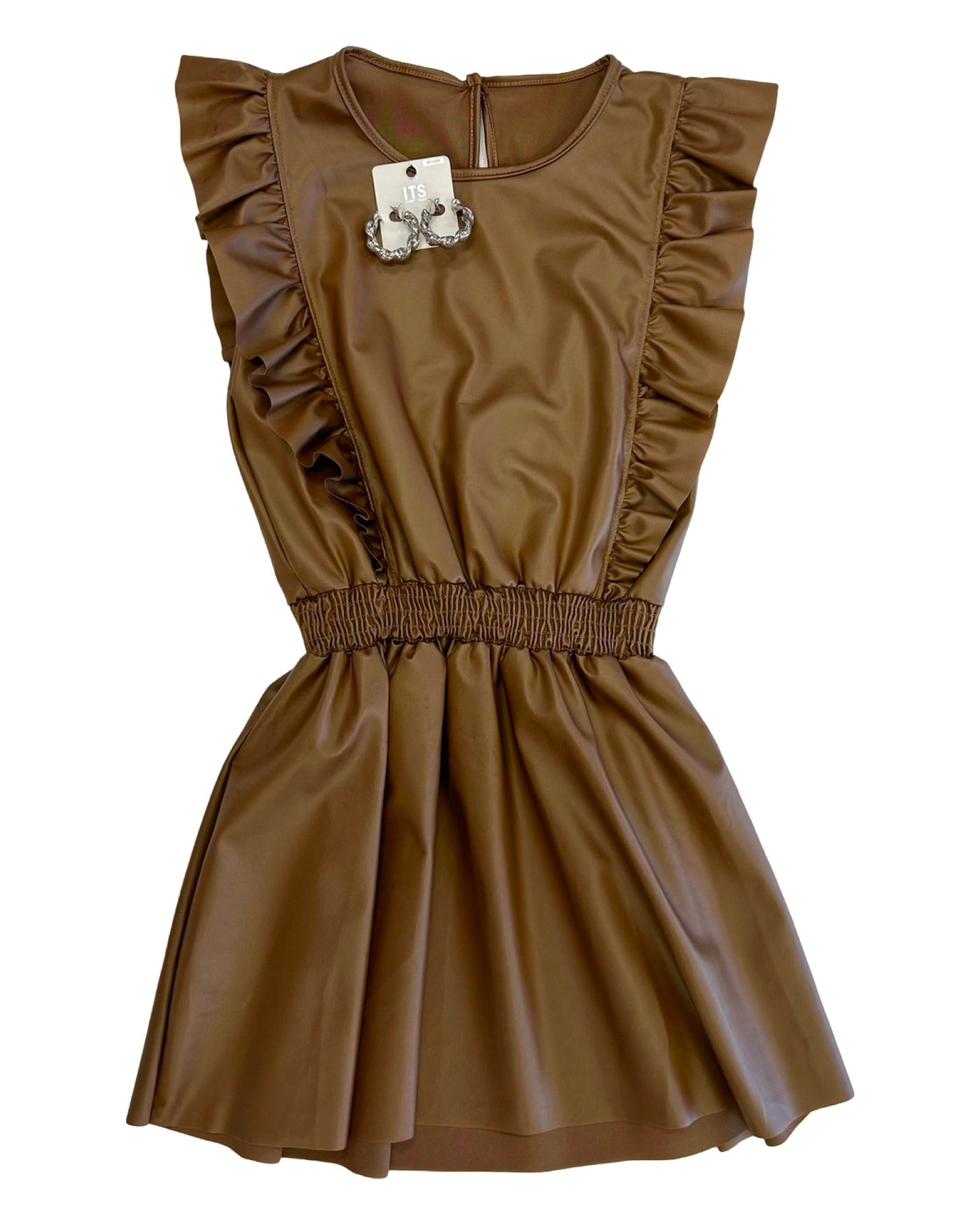 Camel Faux Leather Ruffle Dress