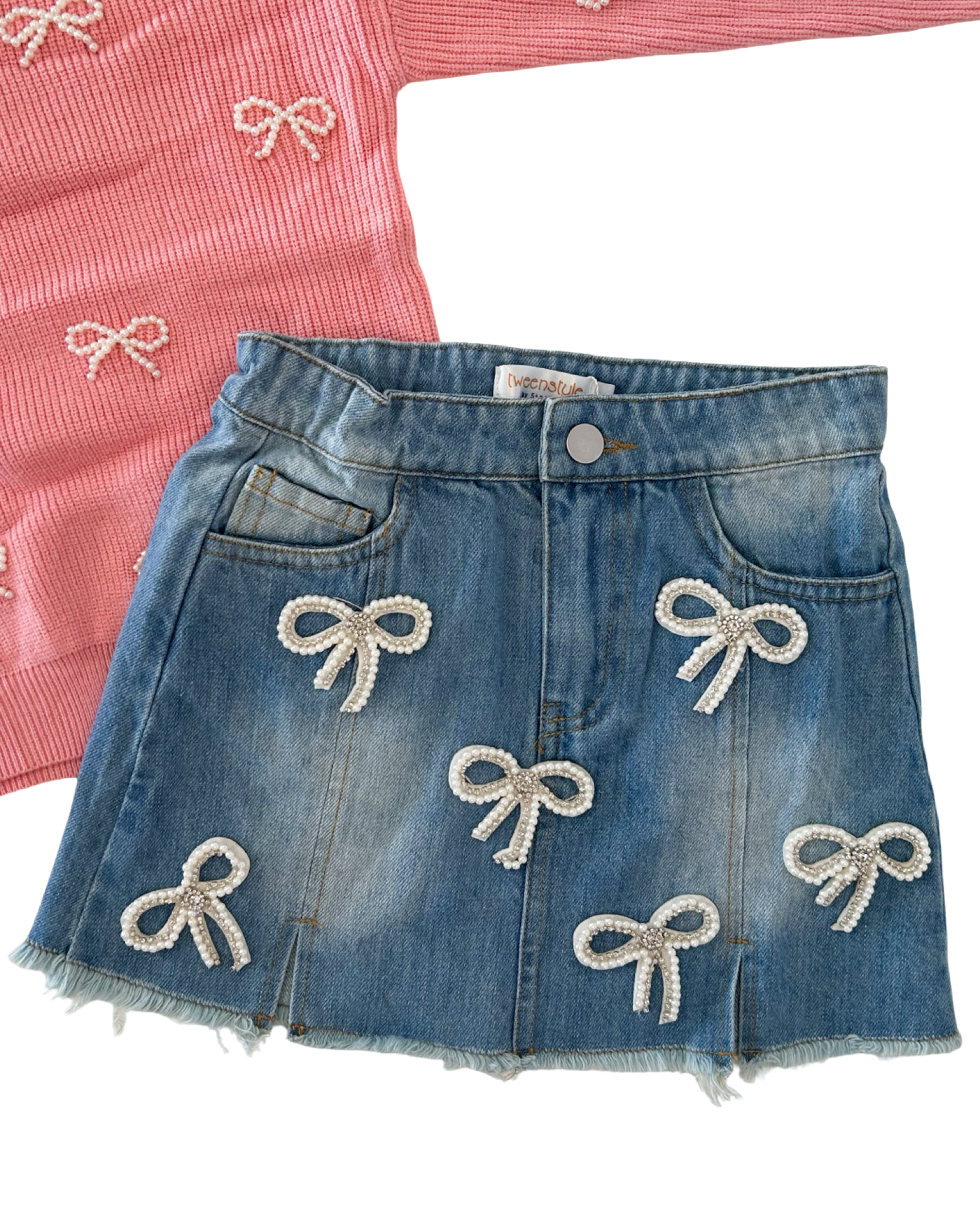 Denim Skirt with Pearl Patch Bows