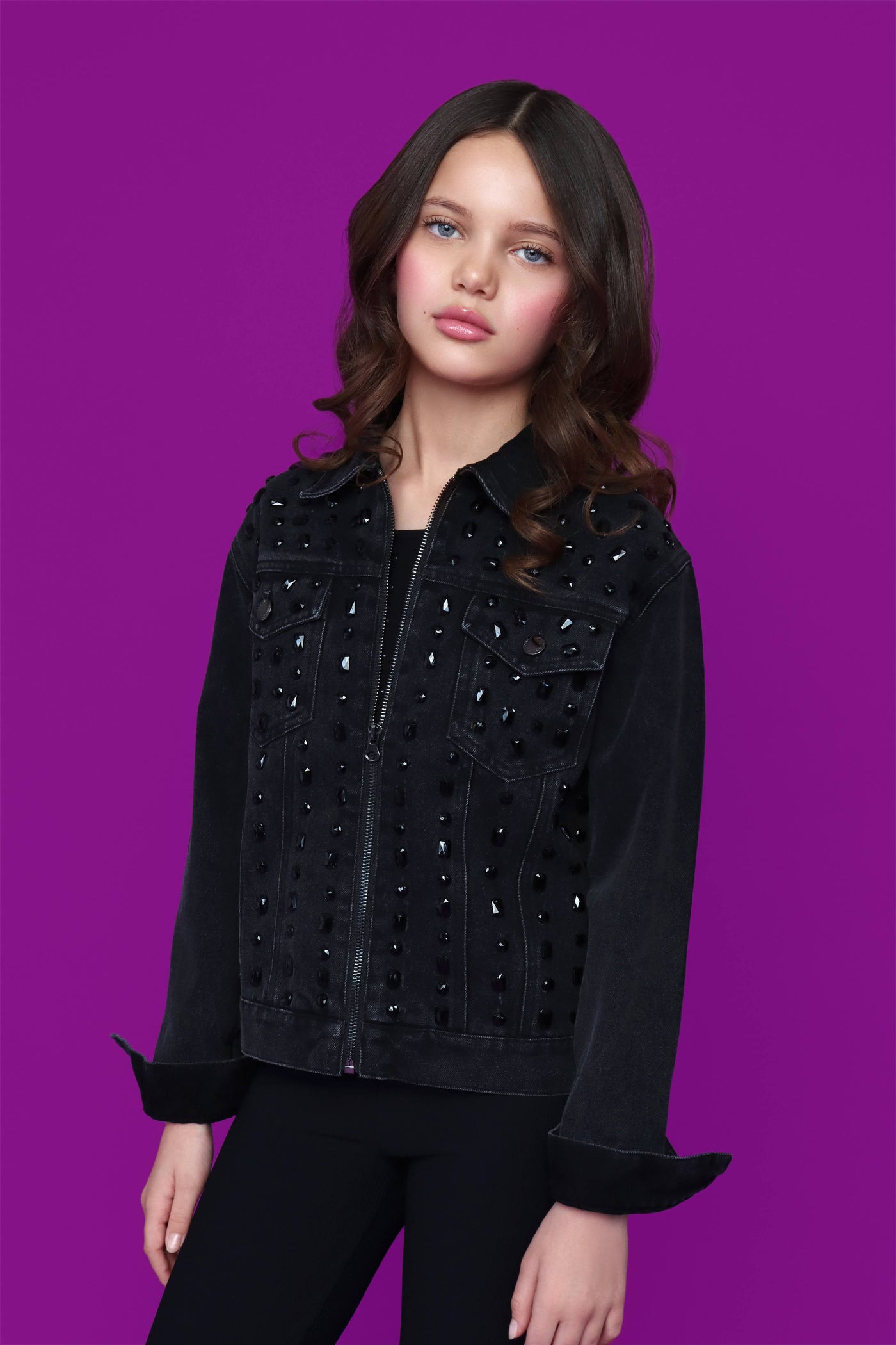 Black Studded Denim Zip Jacket