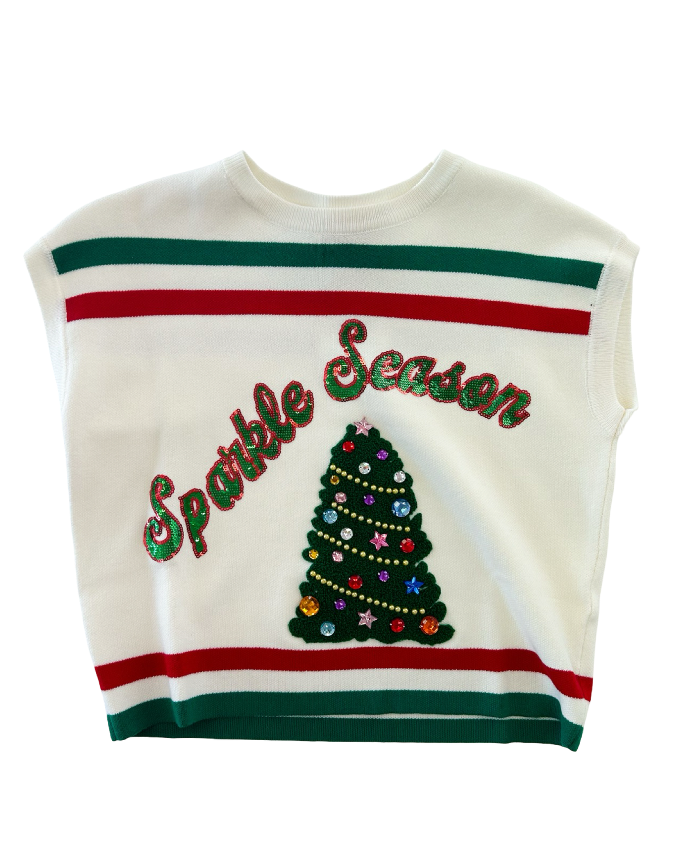 QOS White Green and Red Sparkle Sleeveless Sweater