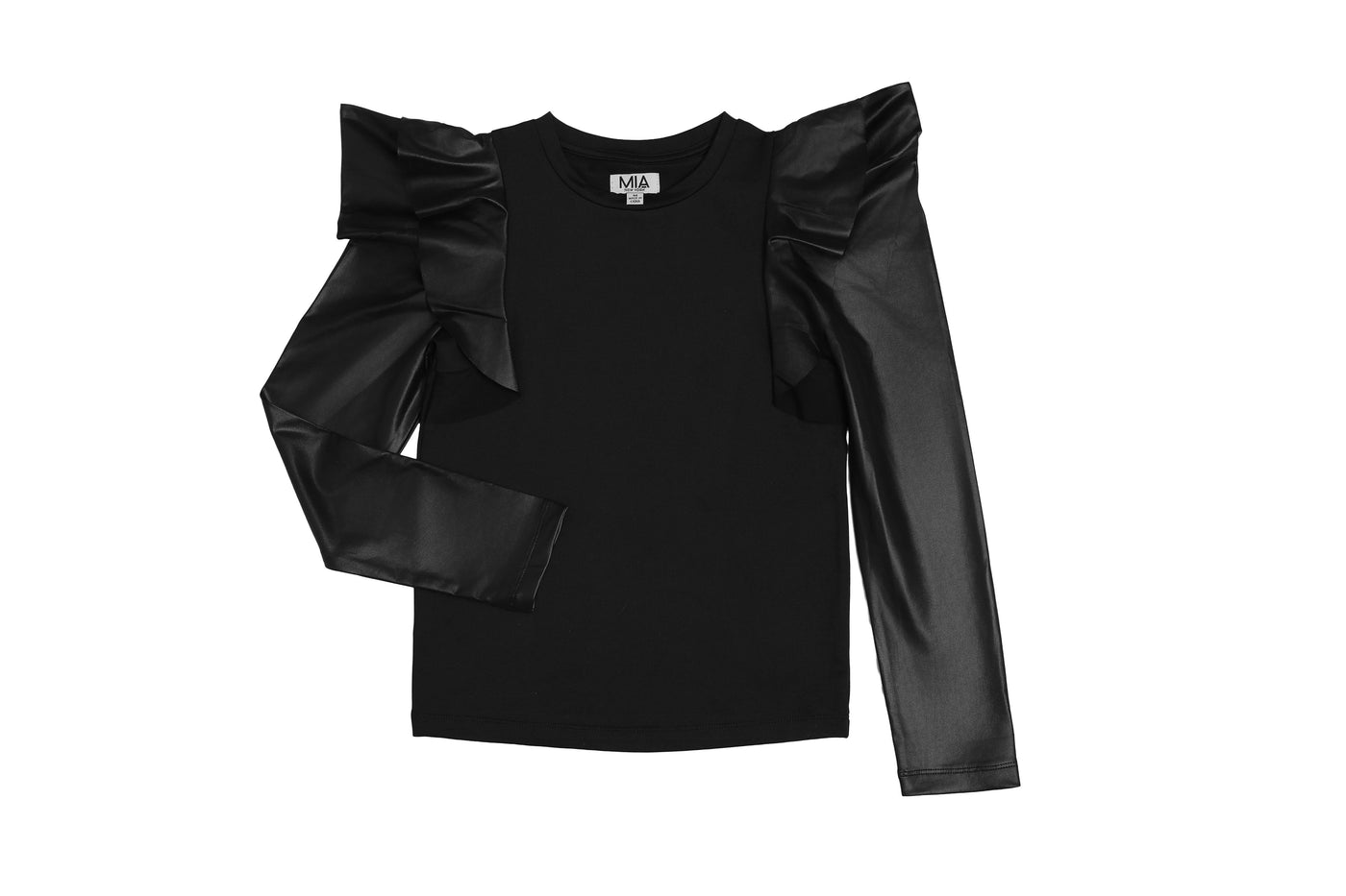 Black Flutter Leather Long Sleeve Top