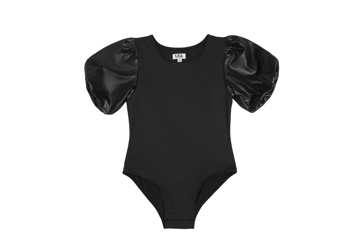 Black Leather Puff Short Sleeve Body Suit
