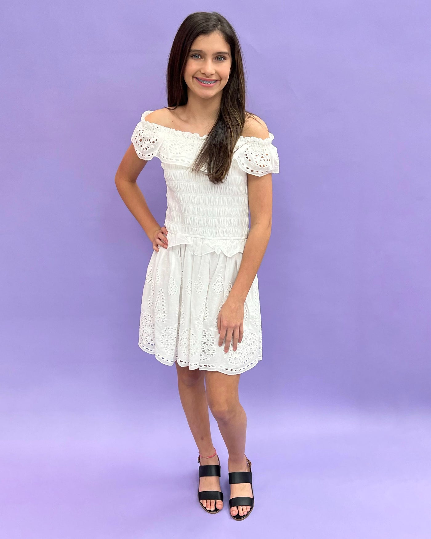 White Eyelet Smocked Bodice Dress