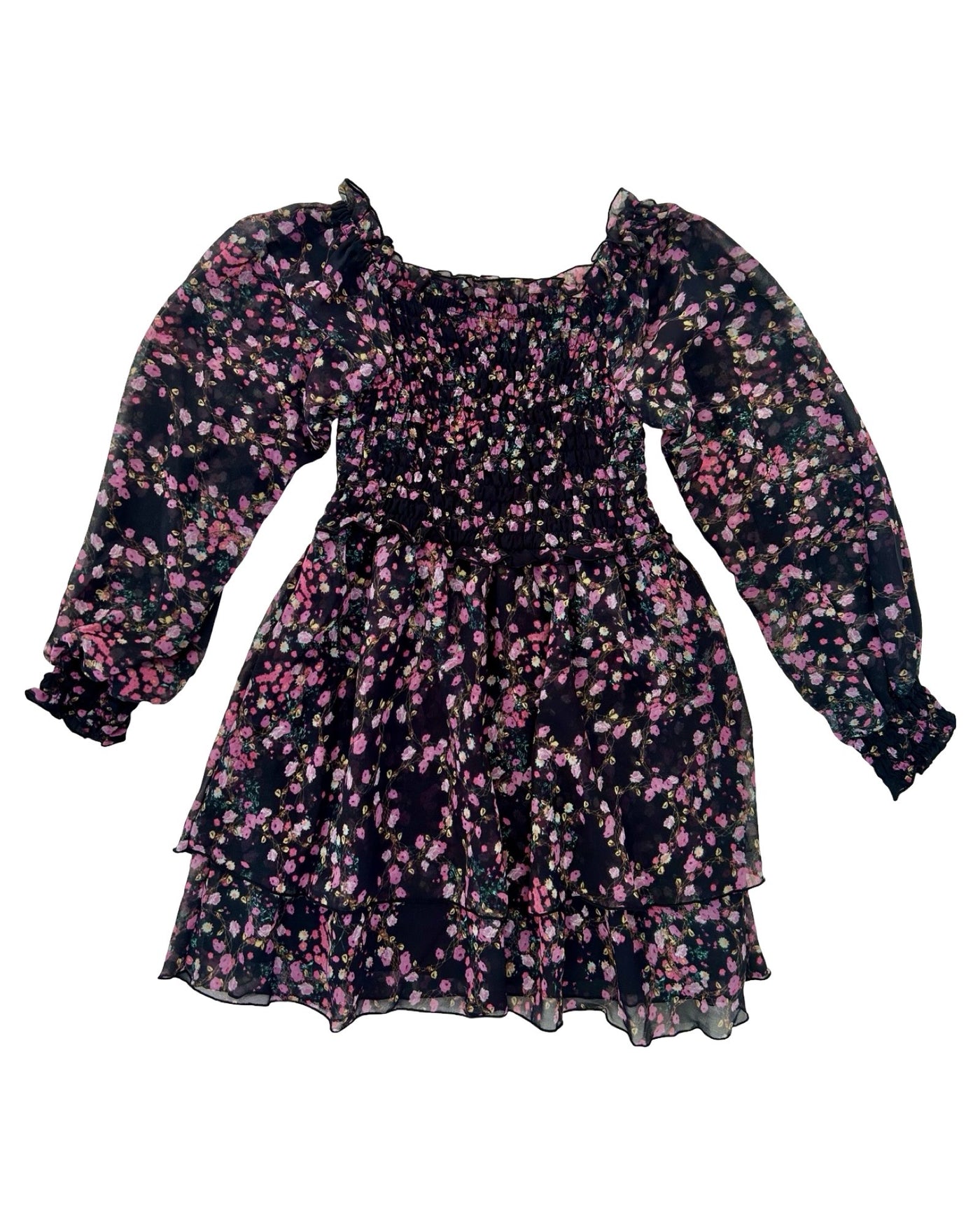 FBZ Black Pink Floral Smocked Long Sleeve Dress