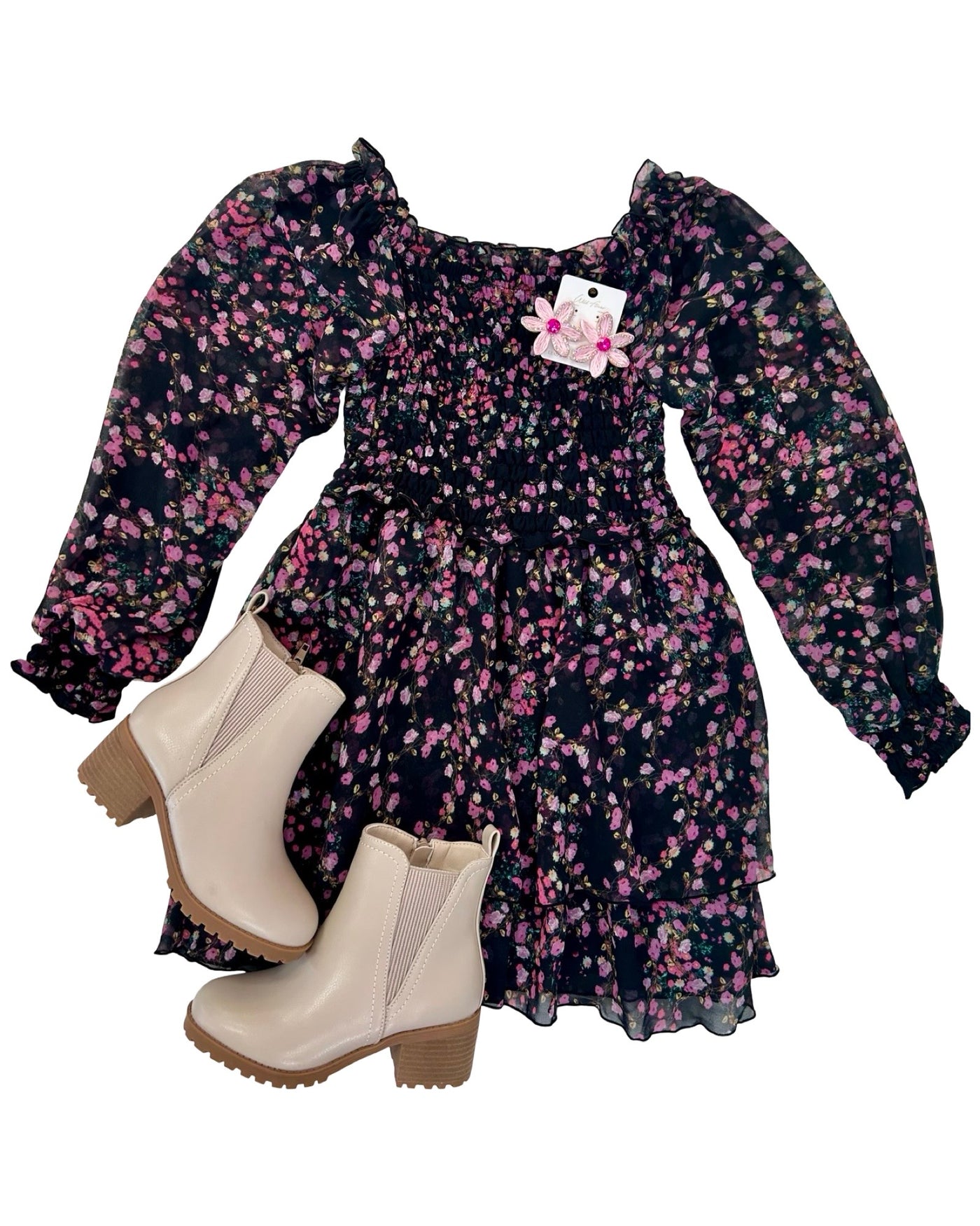 FBZ Black Pink Floral Smocked Long Sleeve Dress