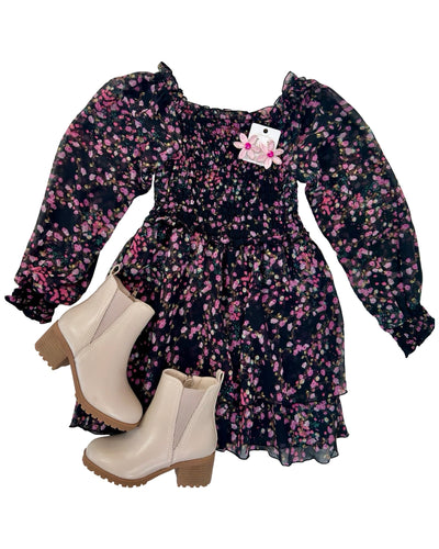 FBZ Black Pink Floral Smocked Long Sleeve Dress