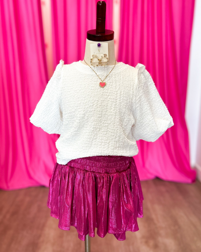 Off White Crinkled Puff Sleeve Top
