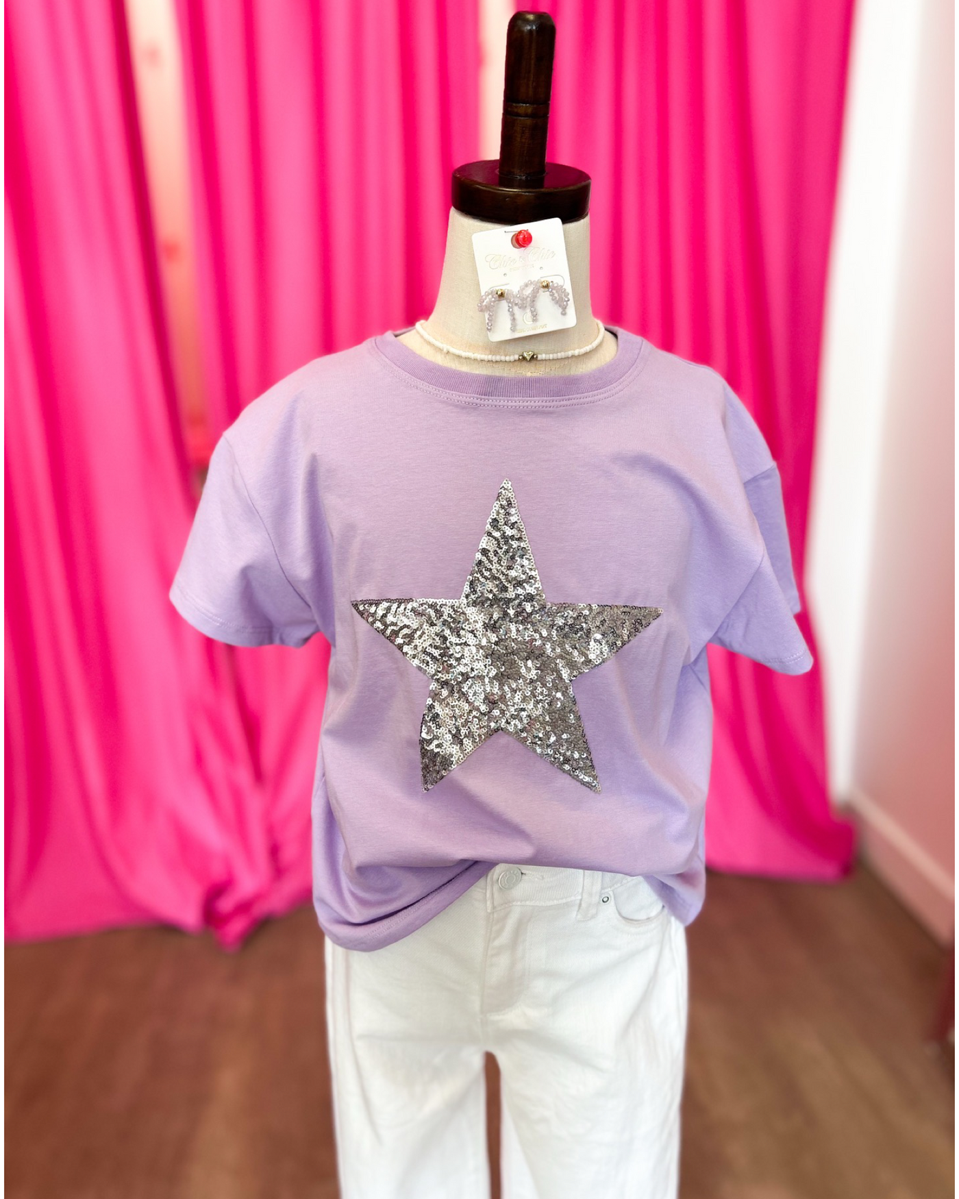 Lavender Boxy Tee with Silver Sequin Star