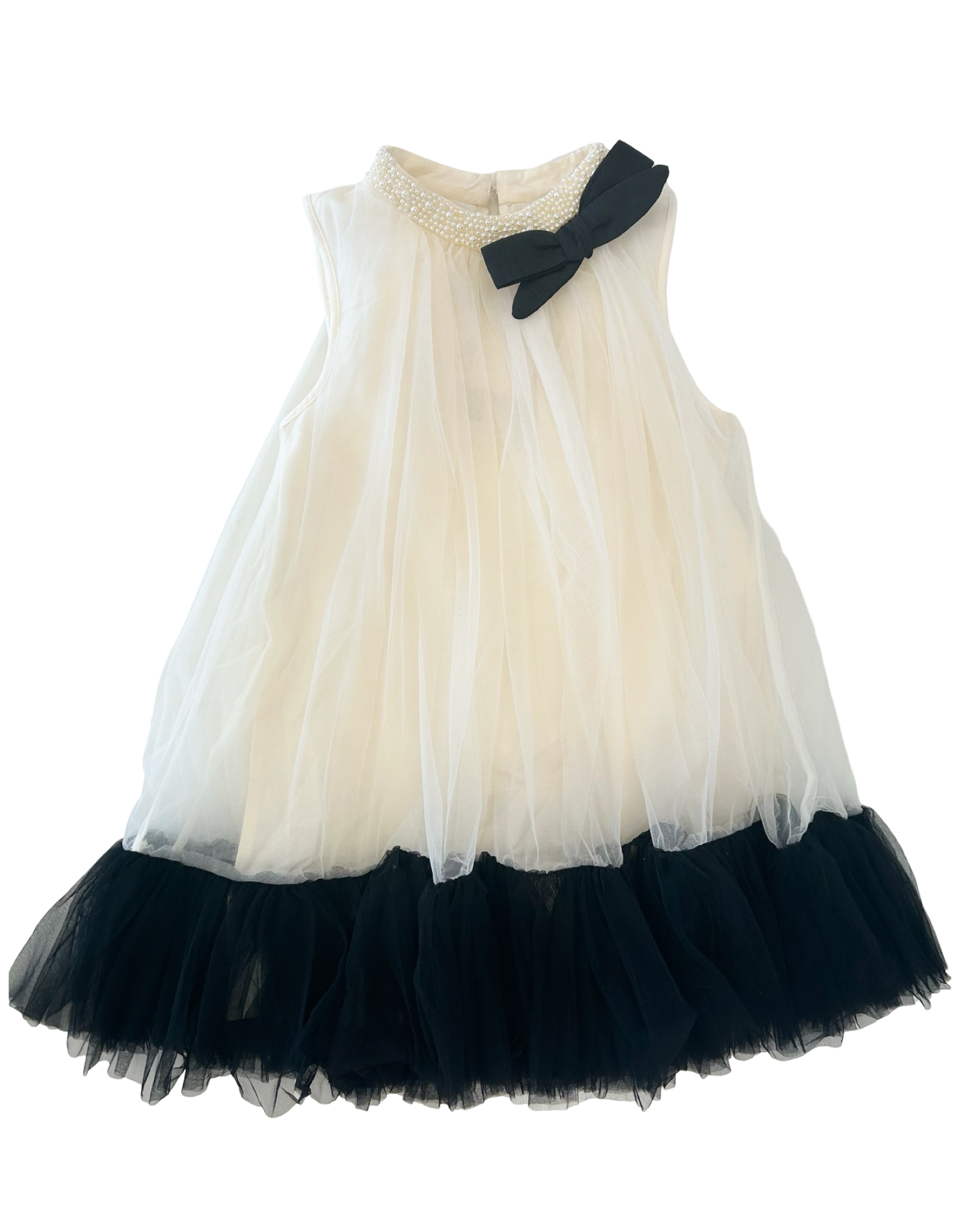 Solene Ivory and Black Tulle Pearl Detail Dress
