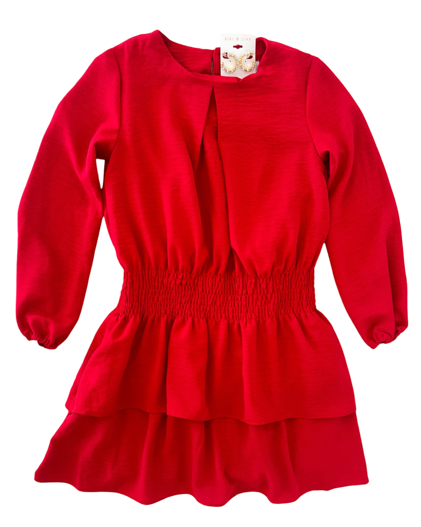 Red Amelia Long Sleeve Smocked Waist Dress
