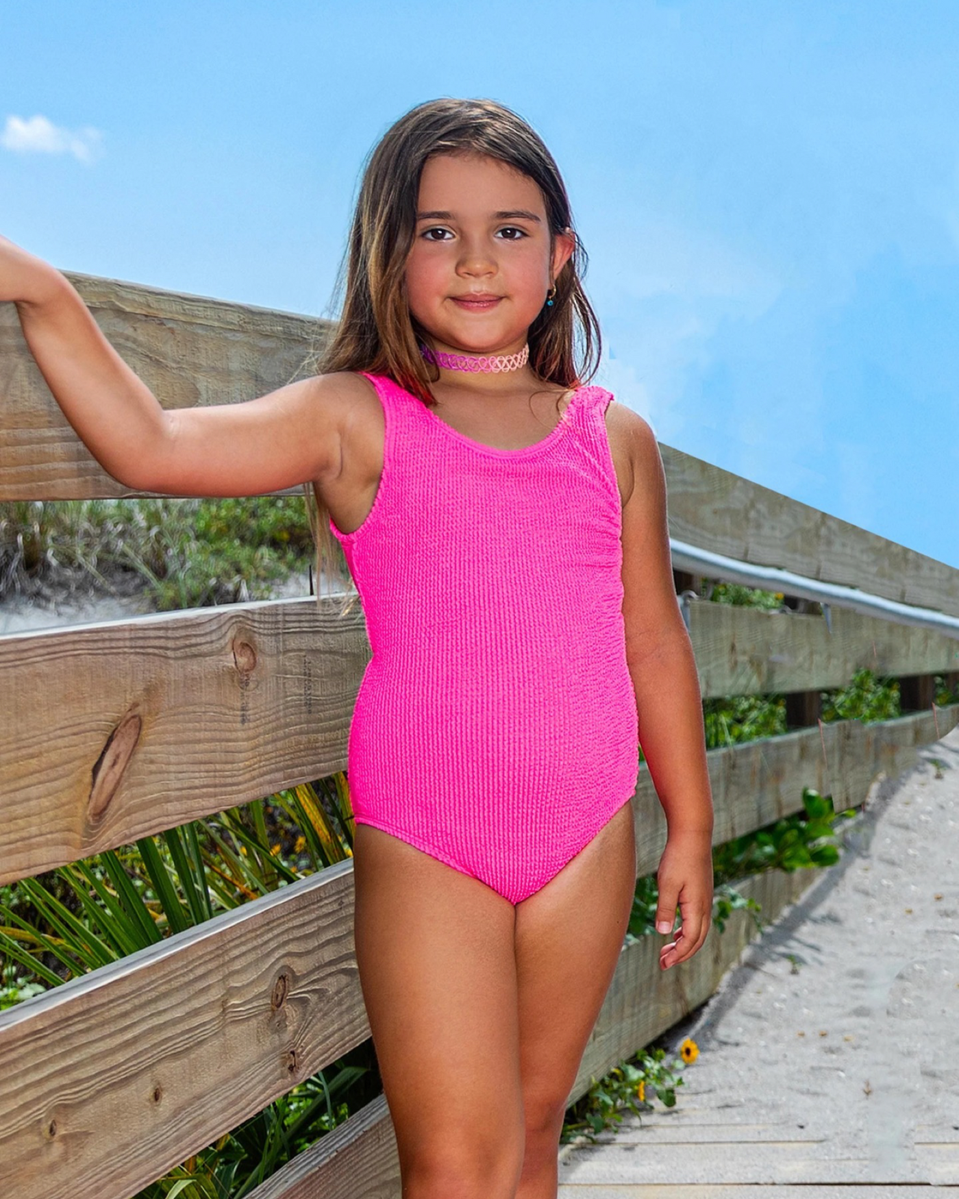 Maeve Hot Pink Crinkle One Piece Swim Suit